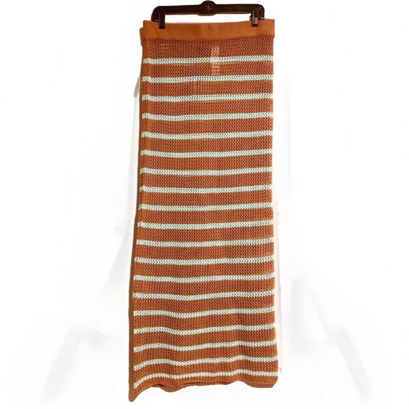 PrettyLittleThing 2-Pc Mocha/Teal Stripe Crochet Knit Maxi Skirt & Halter Top - Picture 9 of 11